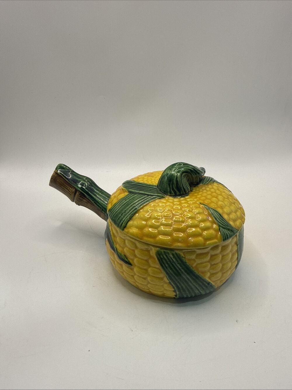 Vintage Majolica Corn Covered Soup Bowl Dish With Handle *